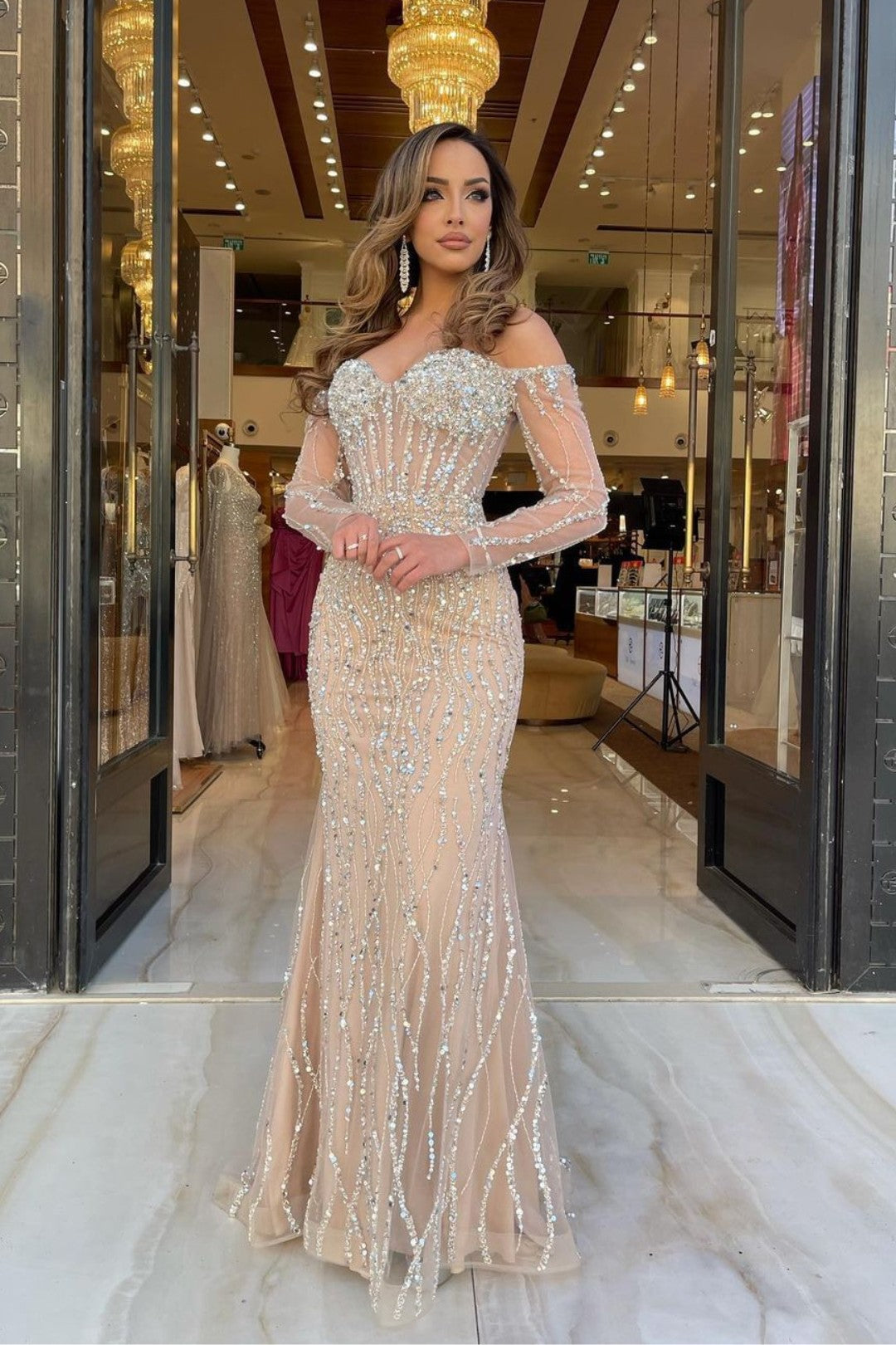 Heavy Formal Dress Sweetheart Long Sleeves Strapless Beading Long Tulle
