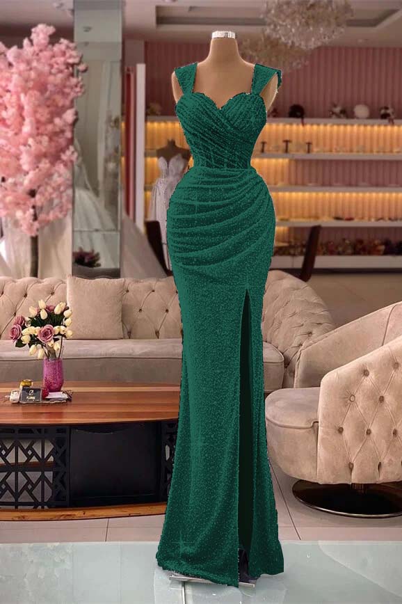 Classic Mermaid Sequins Sweetheart Split Straps Evening Dress With Pleated