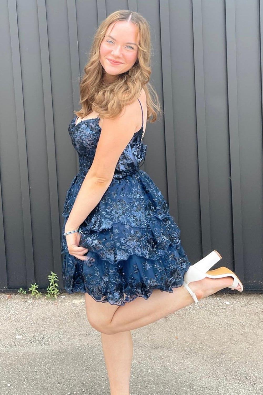 Sparkly Dark Blue Corset Top Spaghetti Straps A-Line Lace Short Homecoming Dress/Mini Dress