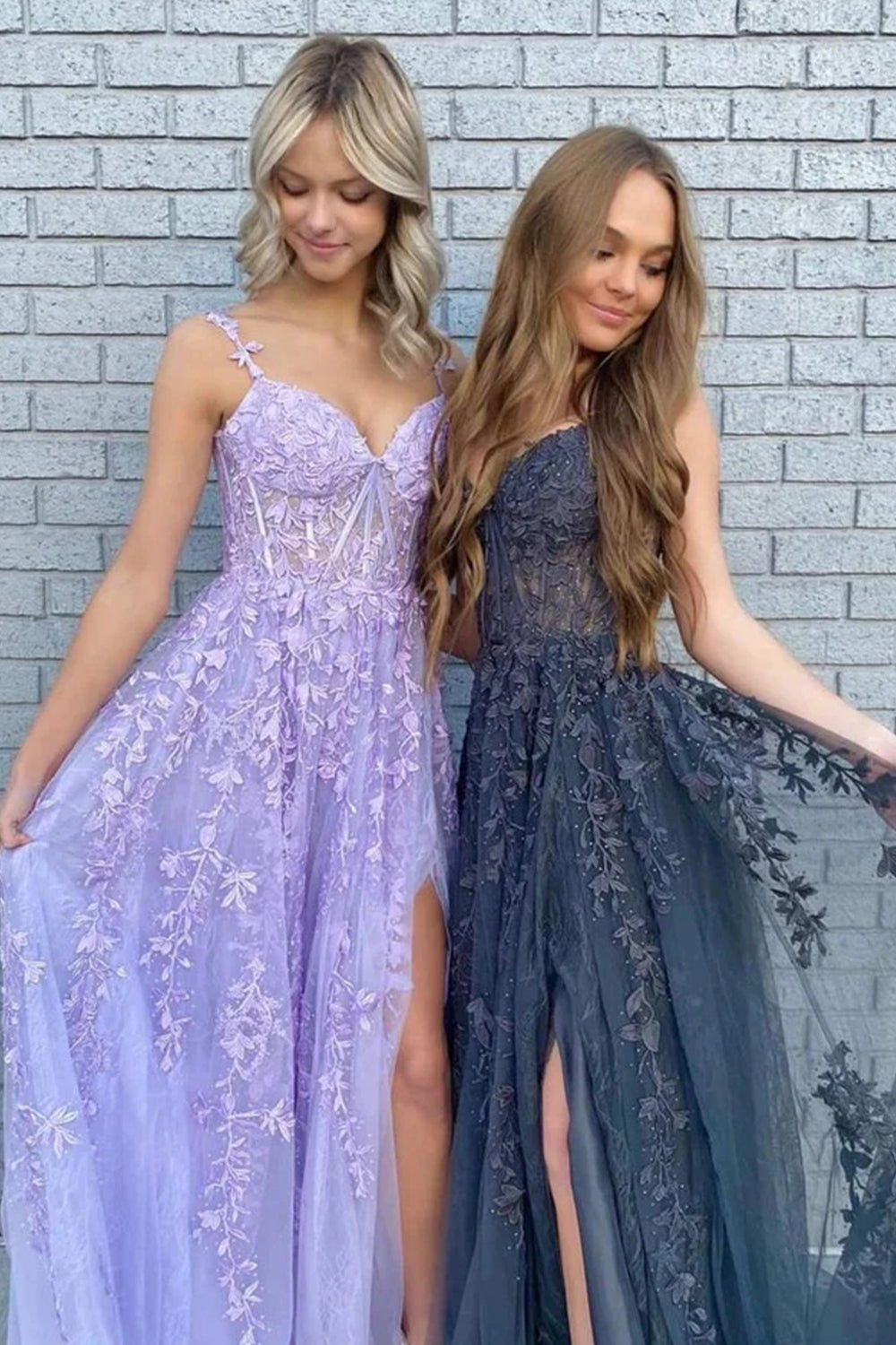 Prom dress in navy featuring off-the-shoulder design and appliques