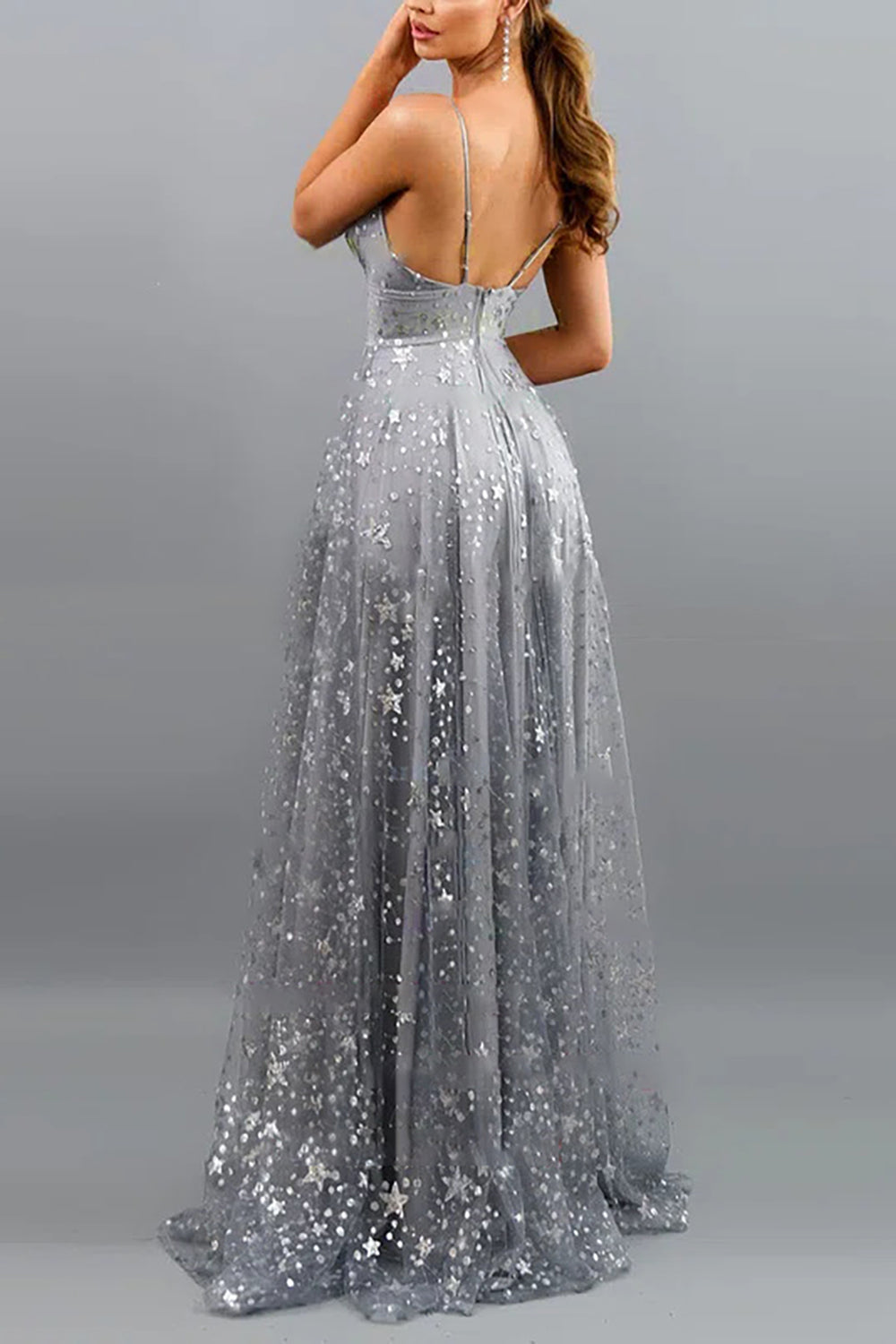 A-line Prom Dress in Grey Tulle Featuring a Slit