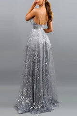 A-line Prom Dress in Grey Tulle Featuring a Slit