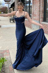 Navy Long Prom Dress with Mermaid Spaghetti Straps and Sweep Train