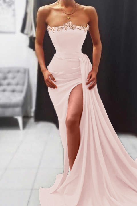 Orange Mermaid Strapless Long Evening Dress With Split