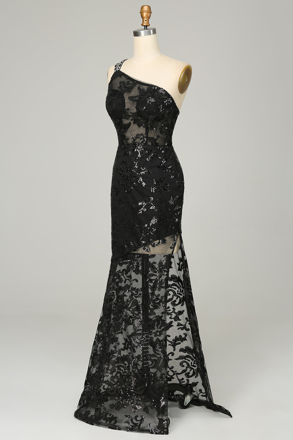 One Shoulder Lace Prom Gown with Sheath Silhouette
