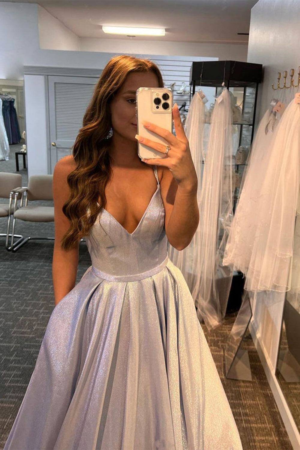 Long White Prom Dress with Pockets and Glitter