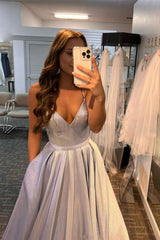 Long White Prom Dress with Pockets and Glitter