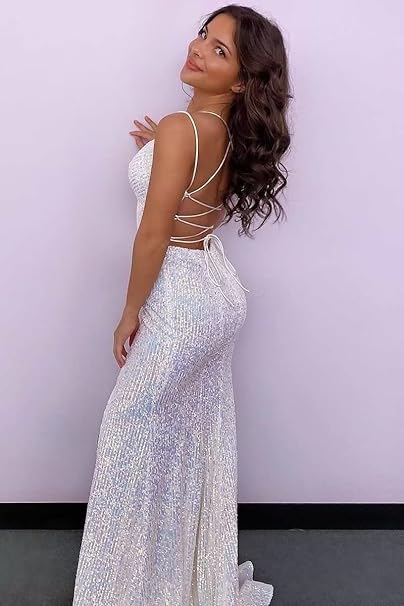 Orange Sequins Long Prom Dress with Mermaid Spaghetti Straps and Front Split
