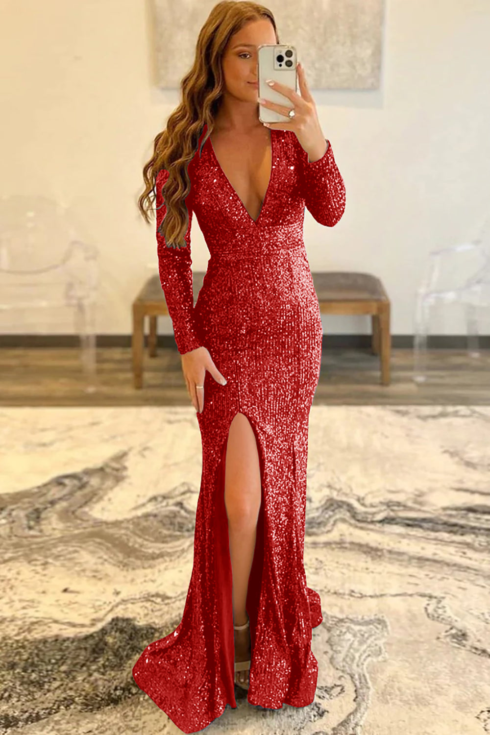 Long Pink Sequins Prom Dress with Deep V Neck and Front Split Sheath
