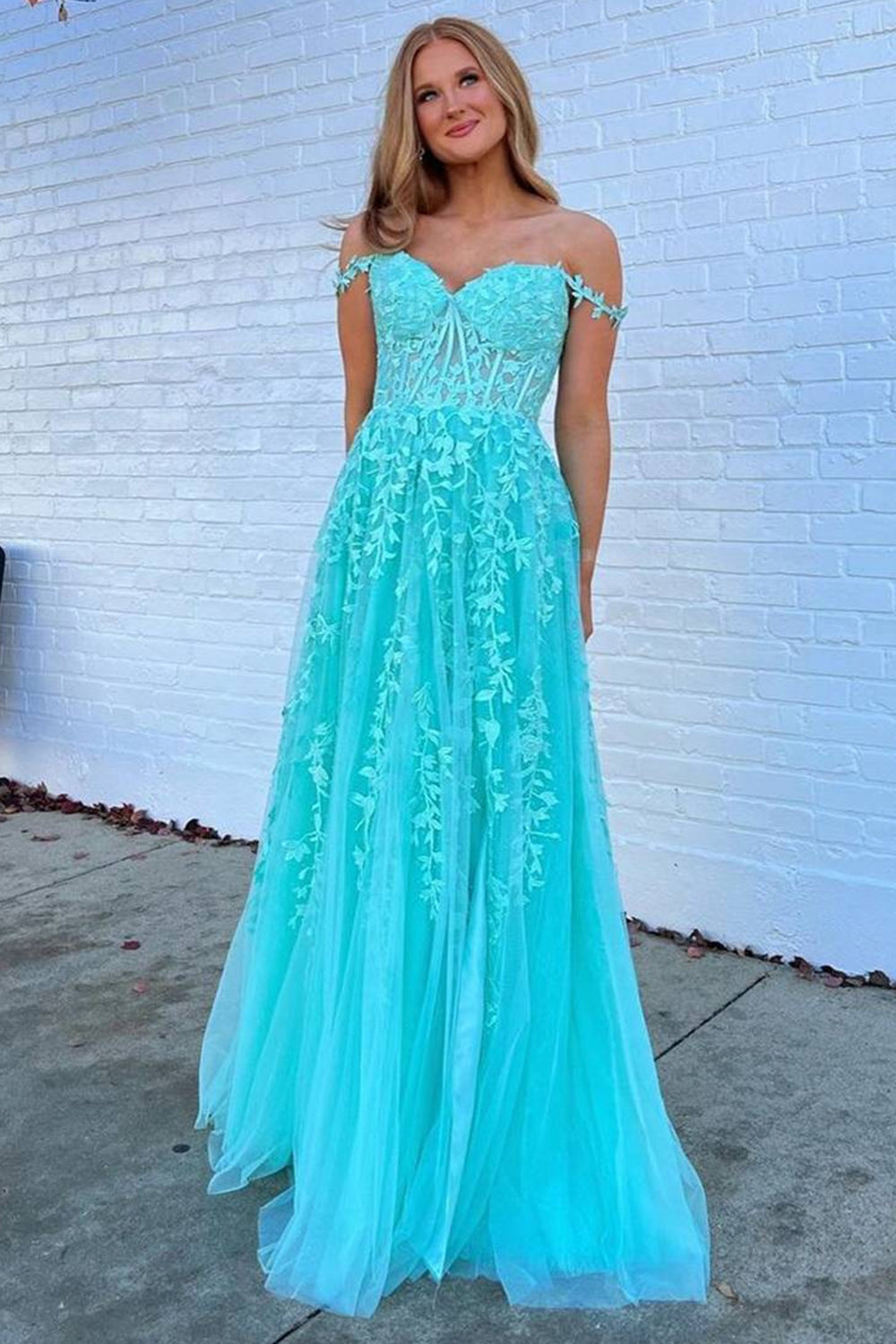 Prom Dress in Navy with Appliques and Off-the-Shoulder Design
