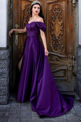 Long Purple Prom Dress with Off-the-Shoulder Neckline and Front Split