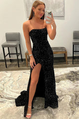 Sequined Black Strapless Prom Gown Featuring a Slit