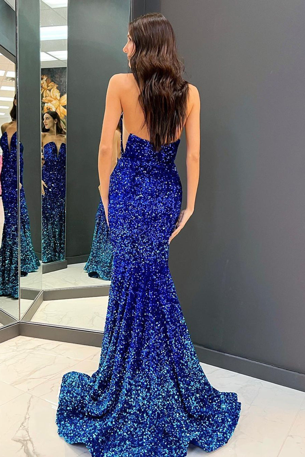 Royal Blue Sequined Sweetheart Prom Dress with Mermaid Sparkle