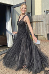 Long Black Prom Dress with V Neckline