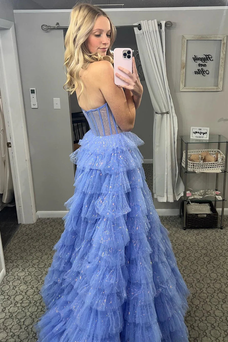 Long Strapless Prom Dress in Golden Tulle with Tiered Skirt and Slit