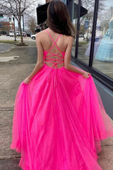 Long Prom Dress in Hot Pink with Pockets A-Line Tulle Design
