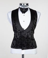 Formal Bespoke Black Peaked Lapel Three-Piece Jacquard Men's Suits