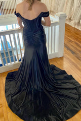 Long Off-the-Shoulder Black Prom Dress with Corset and Slit