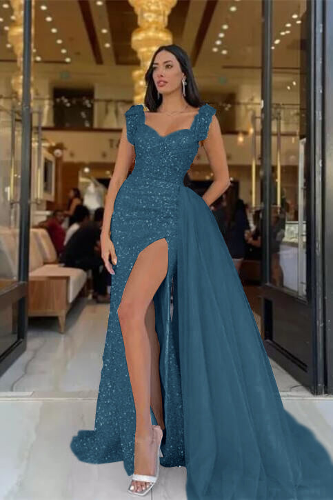 Modern Slit Sky Blue Sweetheart Sequins Straps Mermaid Evening Dress Tulle With Detachable Ruffles