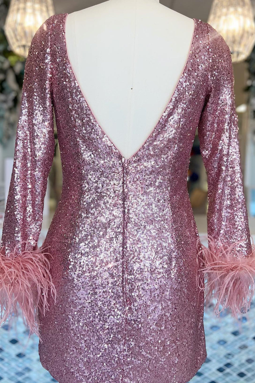 Sparkly Fuchsia Sequined Long Sleeves Tight Short Homecoming Dress/Mini Dress with Feathers