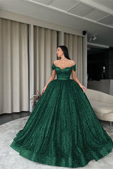 Off-The-Shoulder Green Ball Gown Evening Dress With Sequins