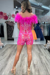 Sparkly Fuchsia Sequins Tight Short Hoco Jumpsuits with Feathers