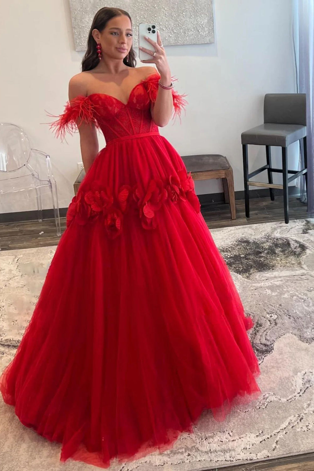 Long Red Prom Dress with Feathers in an Off-the-Shoulder A-Line Design