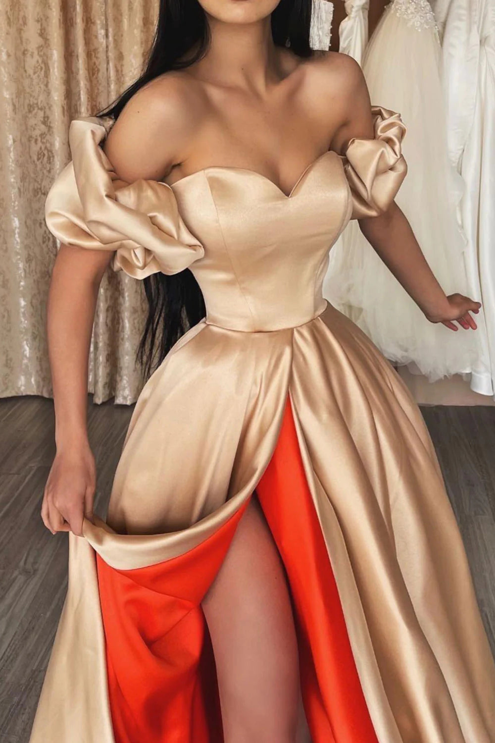 Champagne long prom dress featuring an off-the-shoulder A-line cut and front split