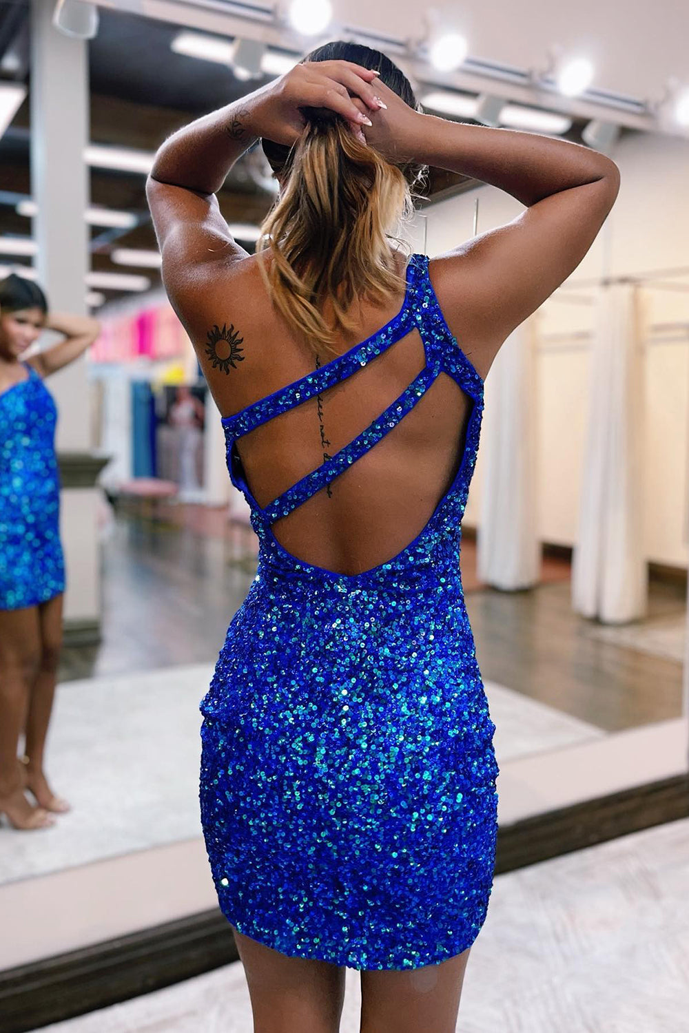 Sparkly Yellow Open Back One Shoulder Sequins Tight Homecoming Dress/Mini Dress