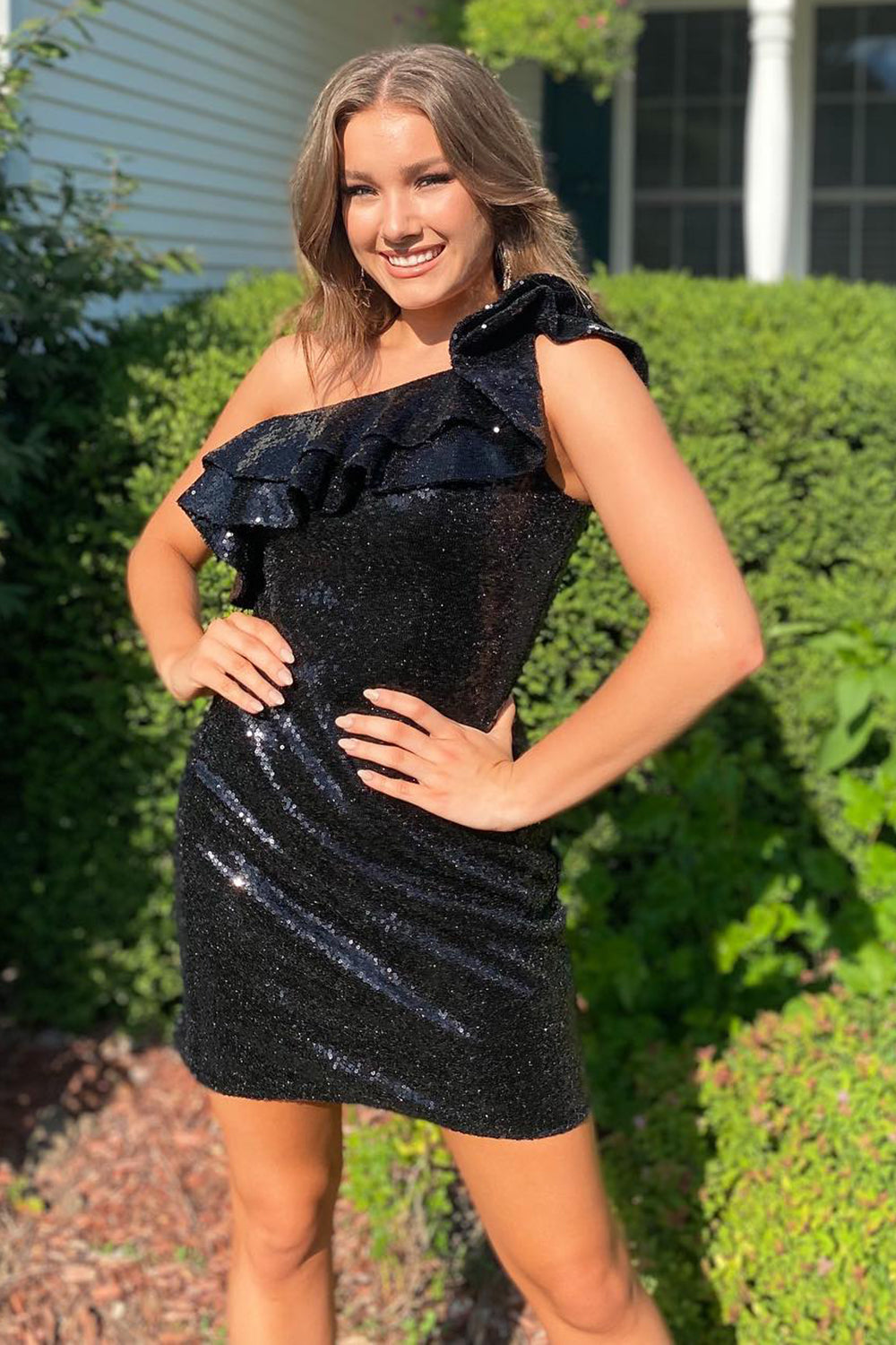 Black Sequins One Shoulder Homecoming Dress/Mini Dress