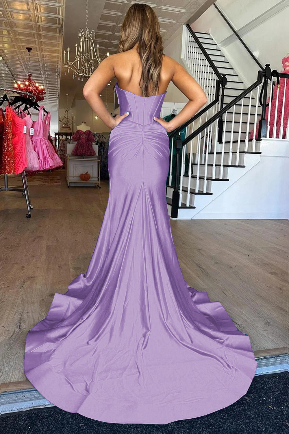 Long Purple Satin Mermaid Prom Dress with Sweetheart Corset and Split