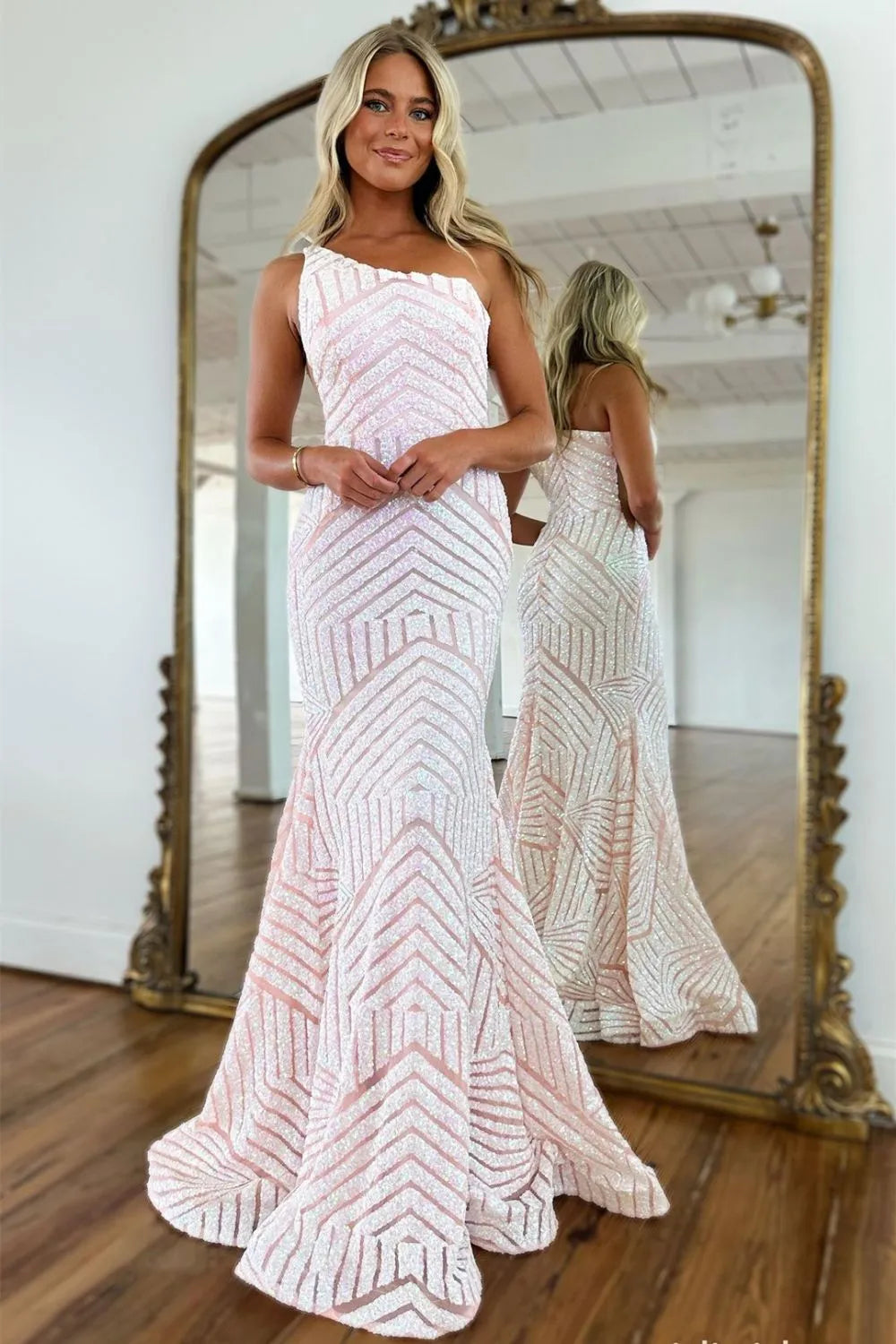 Fuchsia One-Shoulder Long Mermaid Prom Dress with Sparkly Sequins