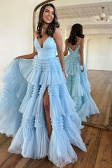 Elegant A-Line Long Tulle Prom Dress with Spaghetti Straps and Side Split