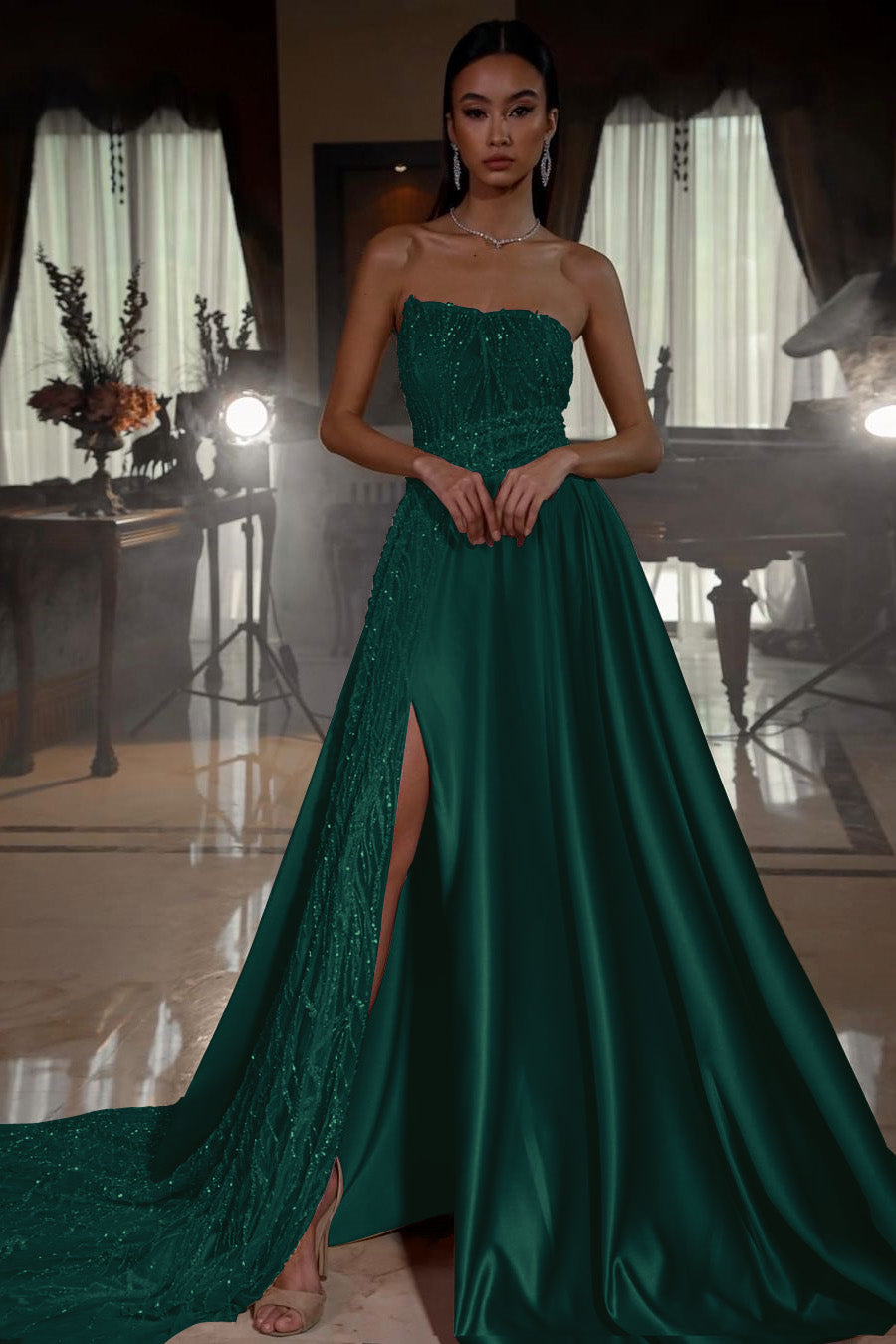 Pink Strapless A Line Sleeveless Sequins Long Formal Dress With Front Split