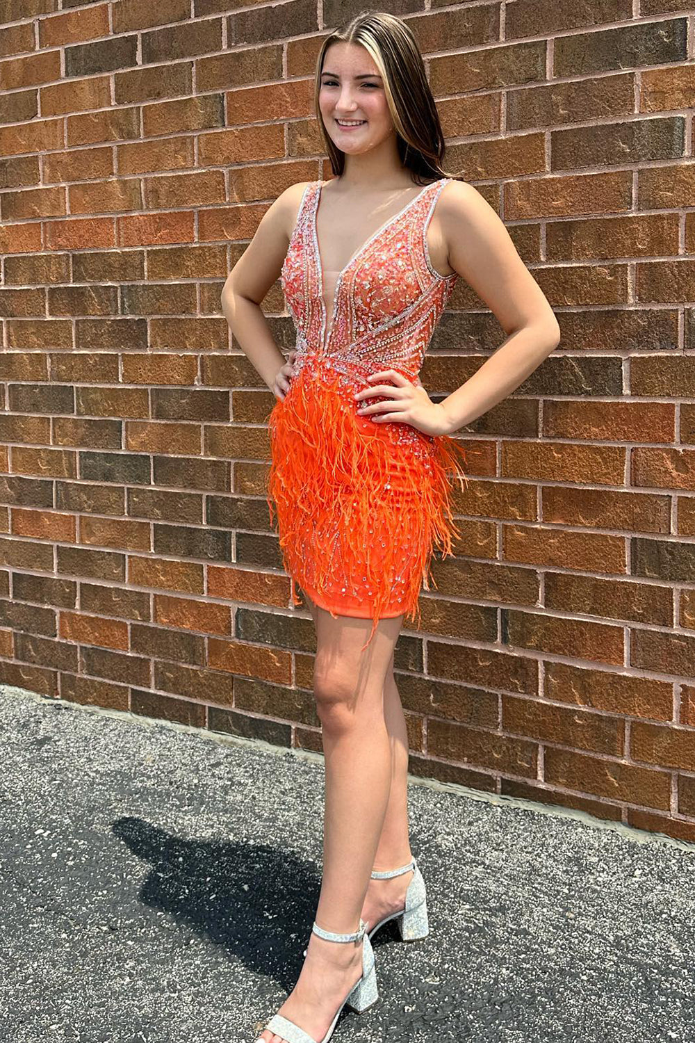 Light Blue Beaded Sequins Tight Homecoming Dress/Mini Dress with Feathers