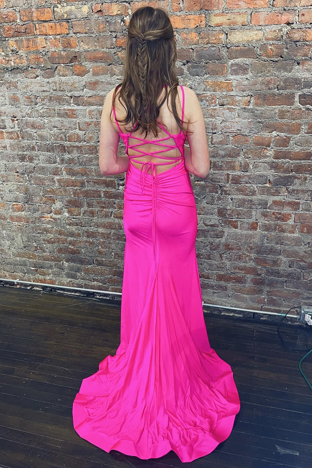 Hot Pink Long Mermaid Prom Dress with Spaghetti Straps and Slit