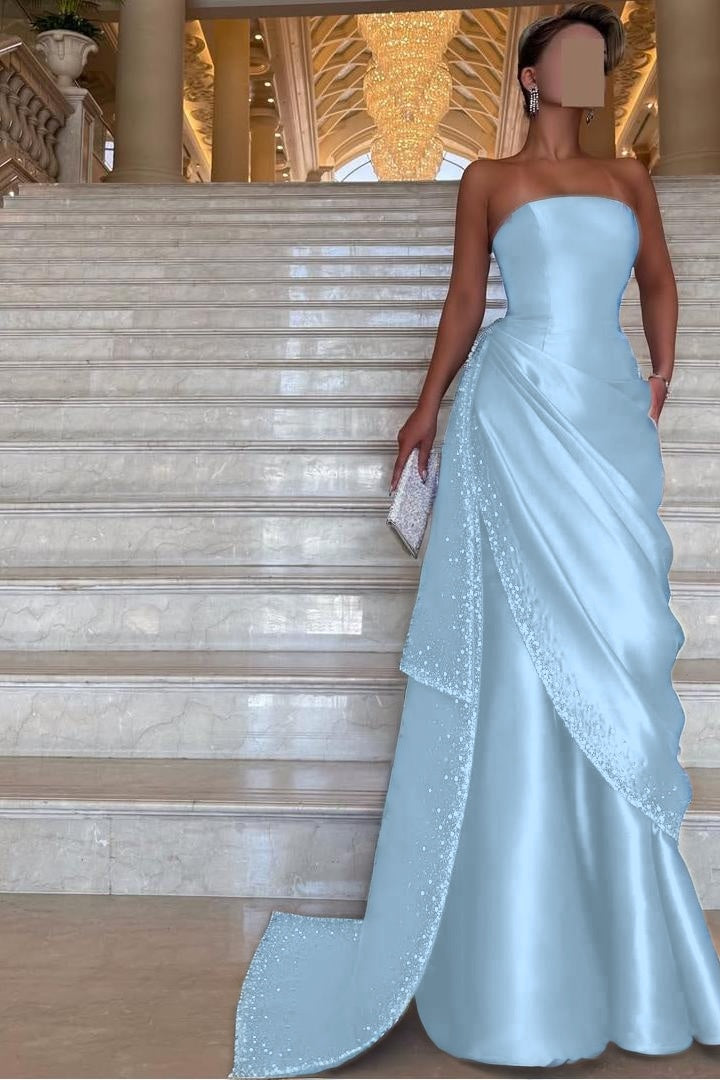 Chic Strapless Sleeveless Long Formal Dress With Pleated Beading