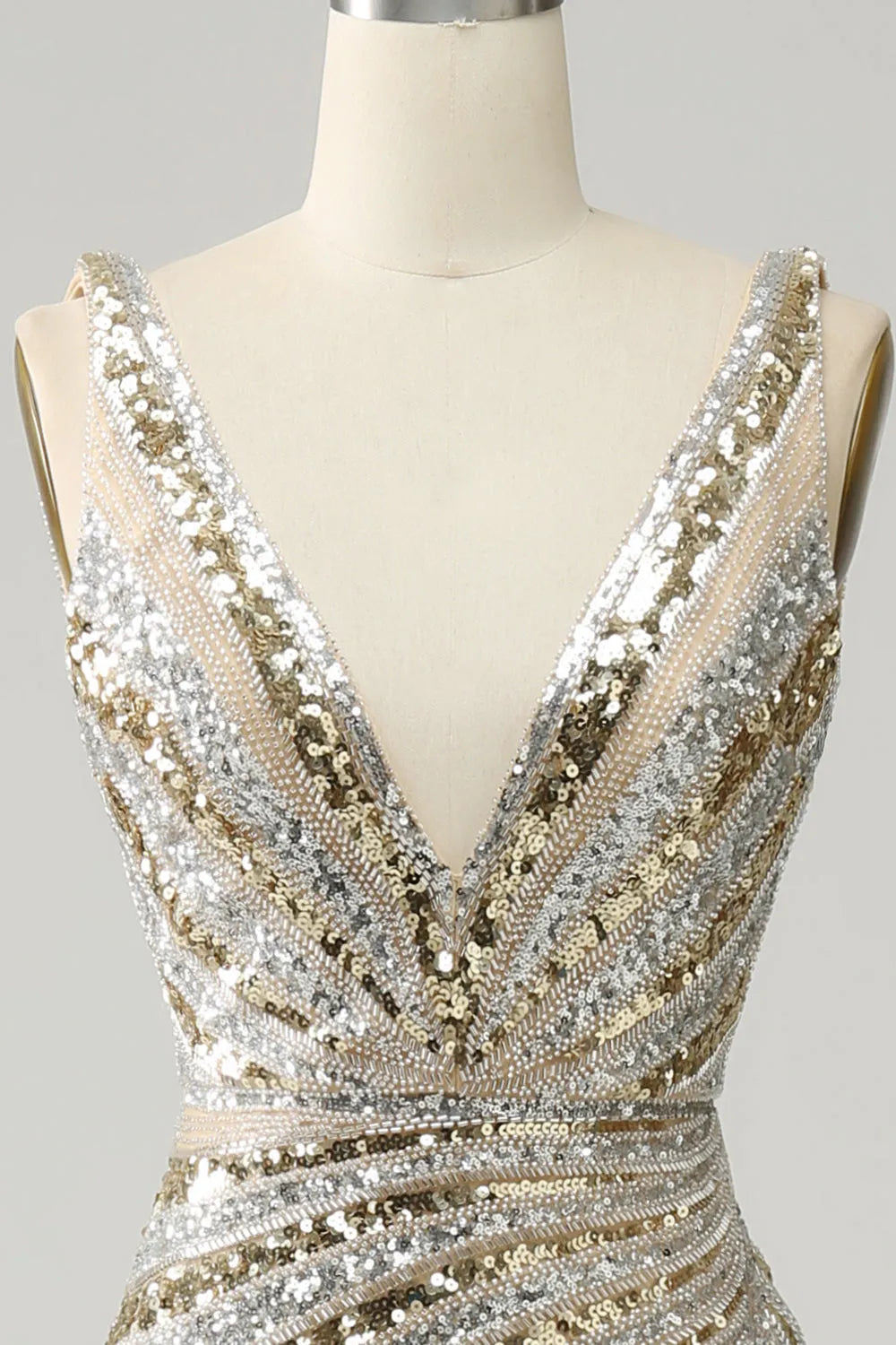 Golden Sparkle Mermaid Prom Dress with Deep V-Neck and Sequins