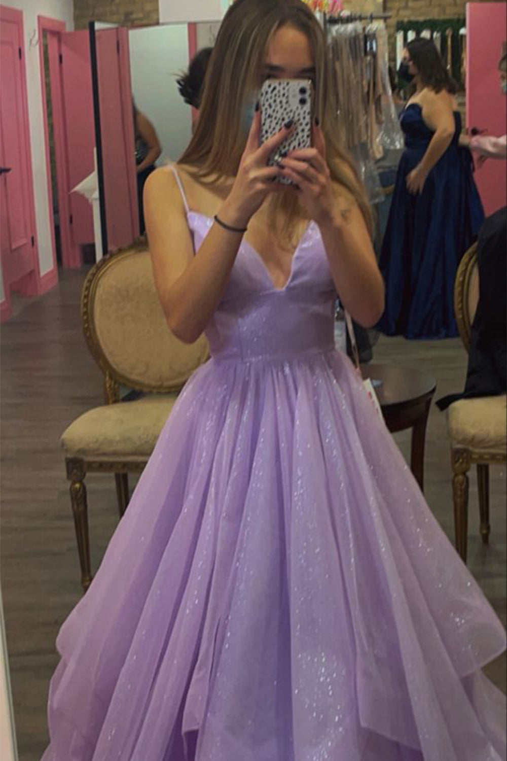 Prom Dress with Lilac Glitter Spaghetti Straps