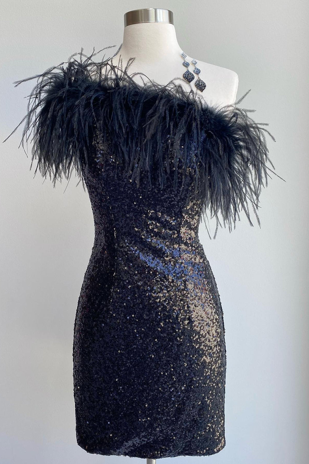 Blue Tight Sequins Homecoming Dress/Mini Dress with Feathers