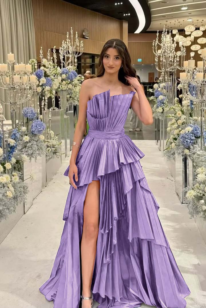 Charming Strapless Sleeveless Long Split Formal Dress With Pleated