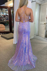 Long Mermaid Prom Dress in Sparkly Lilac with Sequins and Lace