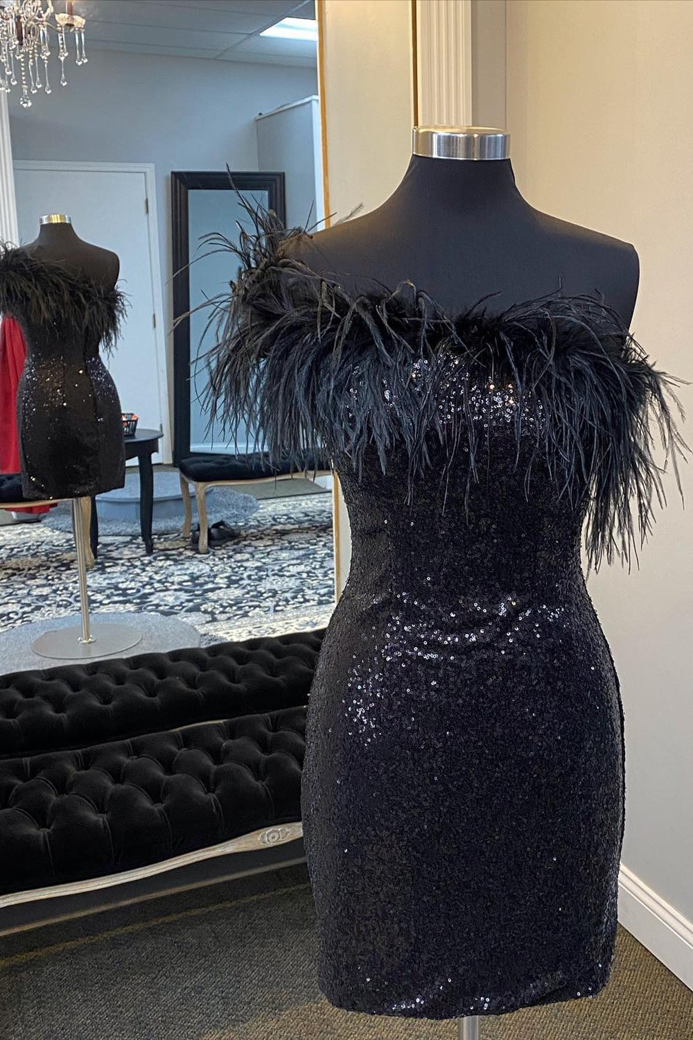 Black One Shoulder Sequins Short Homecoming Dress/Mini Dress with Feathers