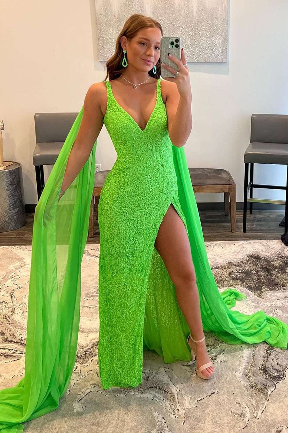 Long Sequined Prom Dress with Orange Watteau Train