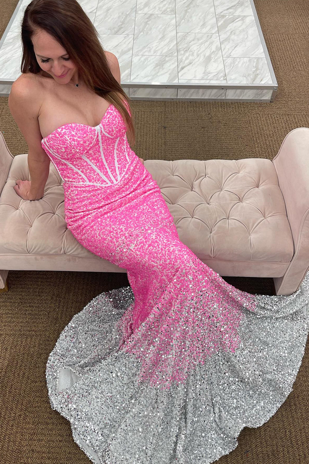 Long Prom Dress with Rose Gold Sparkly Sequins in Mermaid Style