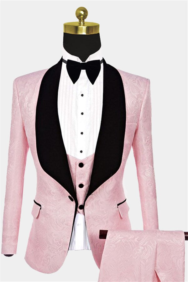 Unique Pink Shawl Lapel Jacquard Wedding Tuxedo for Guys