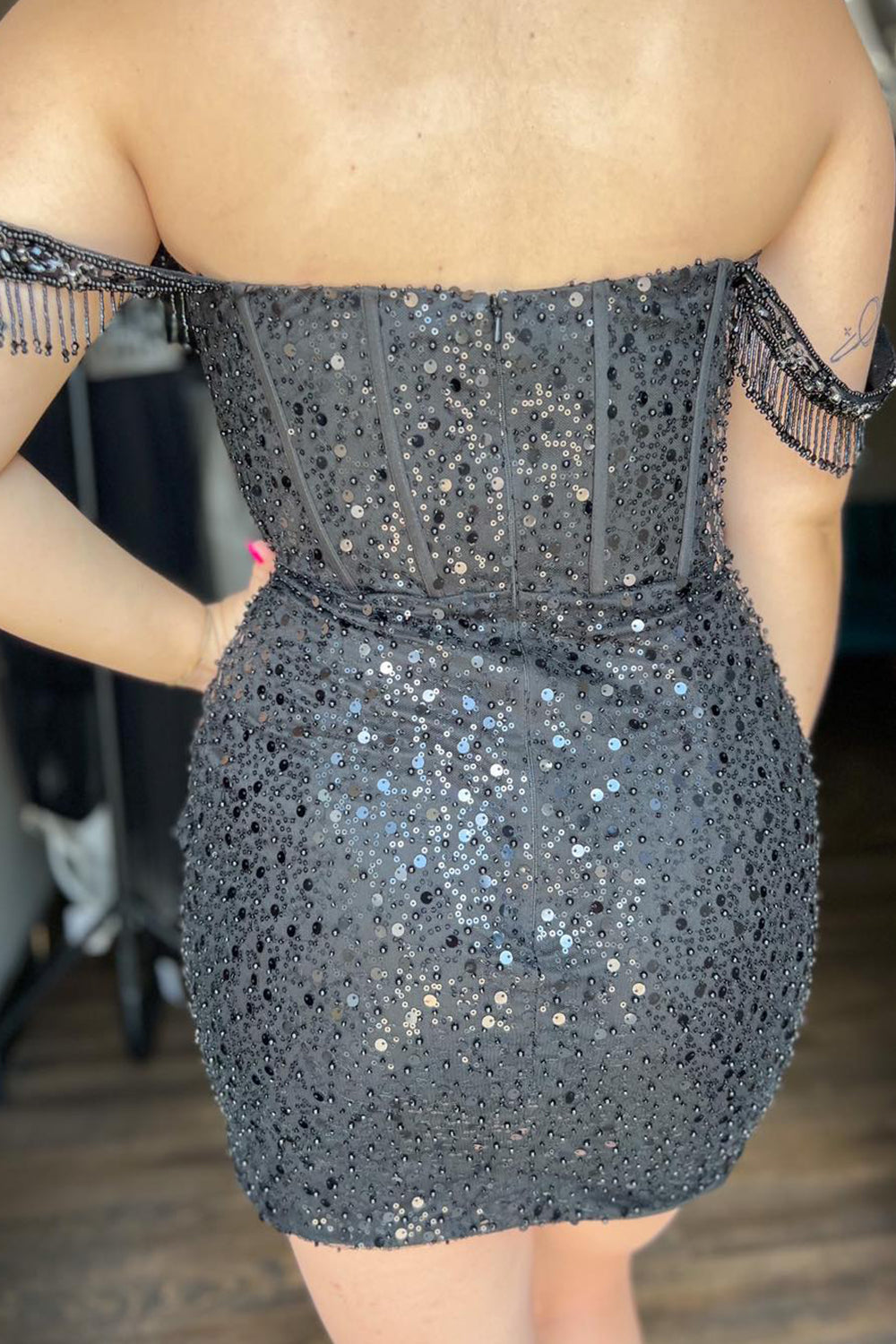 Sparkly Black Beaded Corset Sequins Fringed Tight Homecoming Dress/Mini Dress
