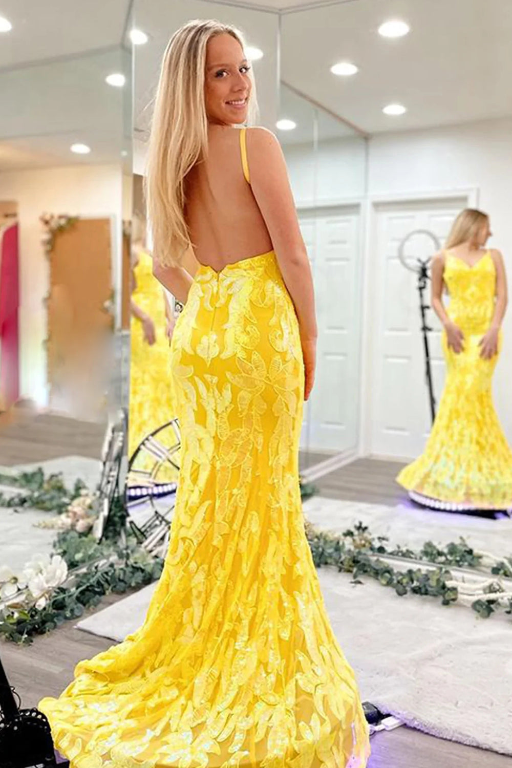 Long Prom Dress with Sparkly Orange Mermaid Sequins