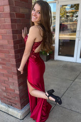 Long Red Mermaid Prom Dress in Satin with Spaghetti Straps and Slit