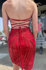 Sparkly Red Sweetheart Lace-Up Back Tight Short Homecoming Dress/Mini Dress